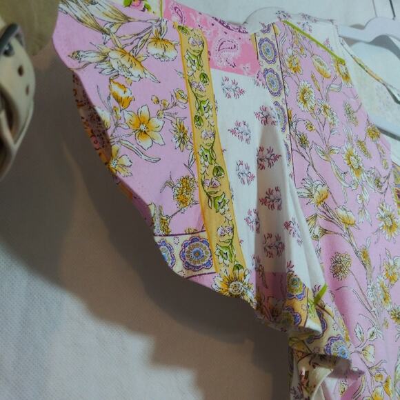 Counterparts Floral Patchwork Boho Ruffle Short Sleeve Top Size L - Picture 3 of 7